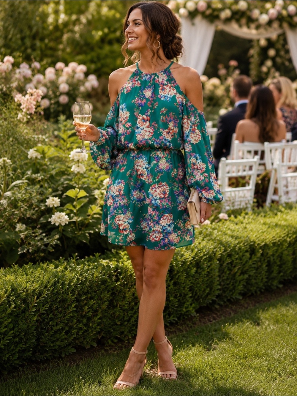 NWT Green Floral Cold‎ Shoulder Bell Sleeve Mini Dress Size Small Wedding Guest